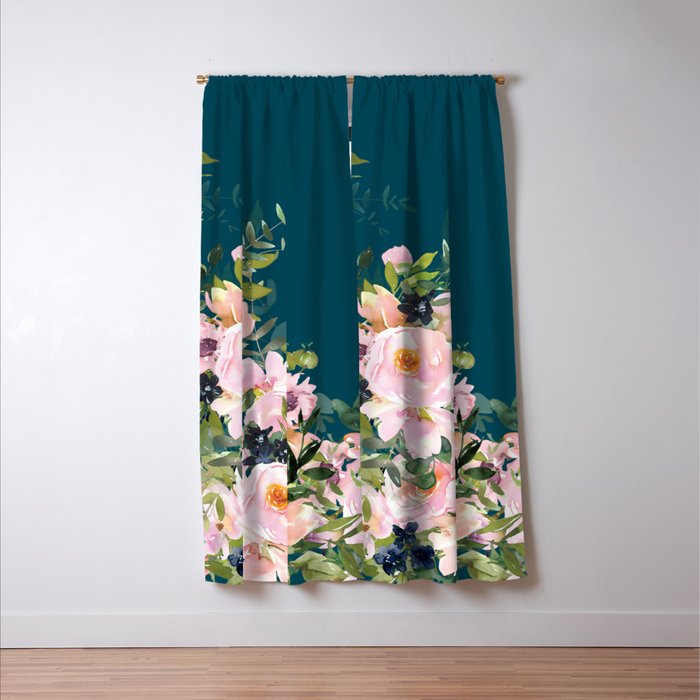 Floral Watercolor Roses, Teal and Pink, Vintage Window Curtain Gallery Image 3