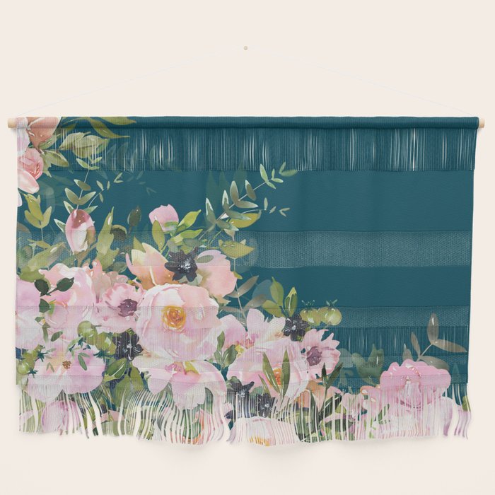 Floral Watercolor Roses, Teal and Pink, Vintage Wall Hanging Gallery Image 1