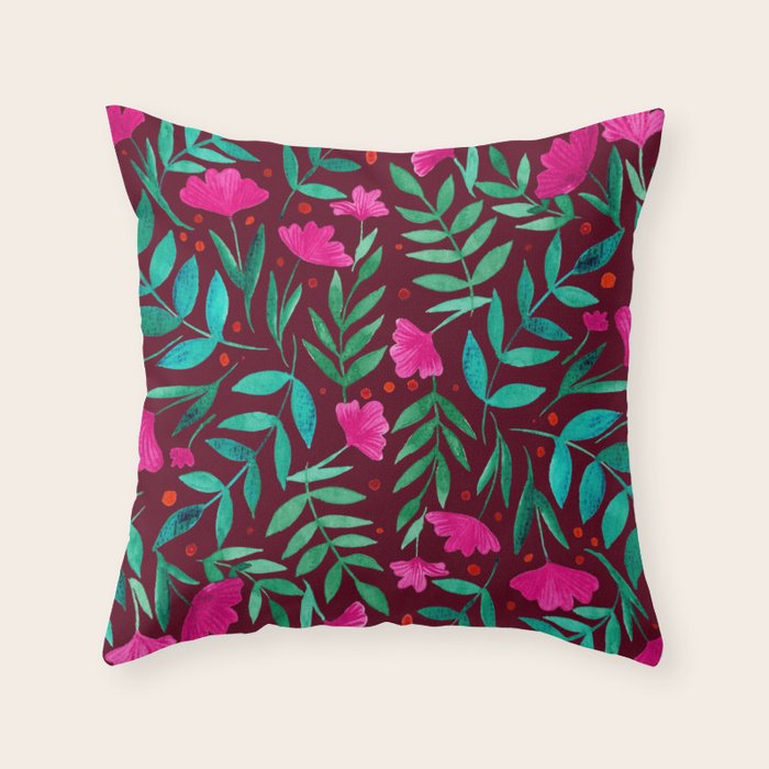 Magical garden - burgundy and pink Throw Pillow Gallery Image 1