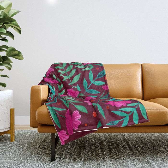 Magical garden - burgundy and pink Throw Blanket Gallery Image 1