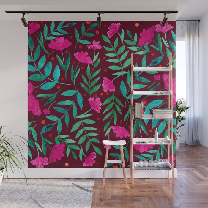 Magical garden - burgundy and pink Wall Mural Gallery Image 1