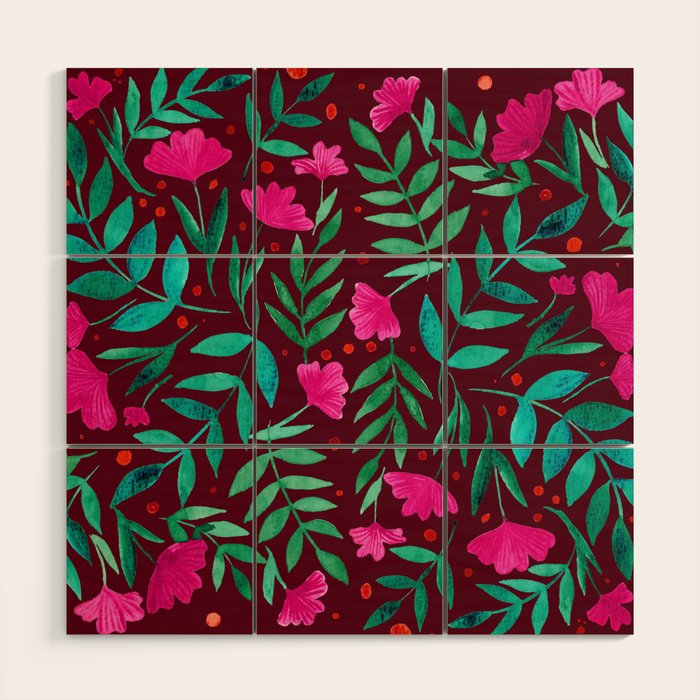 Magical garden - burgundy and pink Wood Wall Art Gallery Image 1