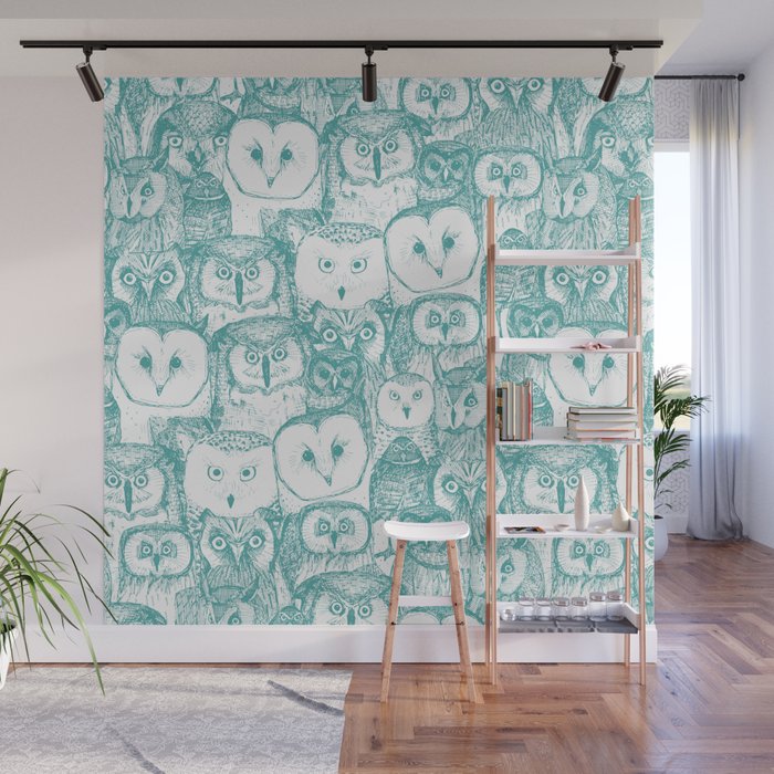 just owls teal blue Wall Mural Gallery Image 1