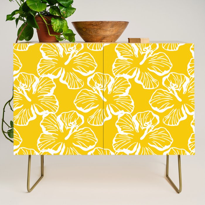 Yellow tropical hibiscus flower art pattern Credenza Gallery Image 1