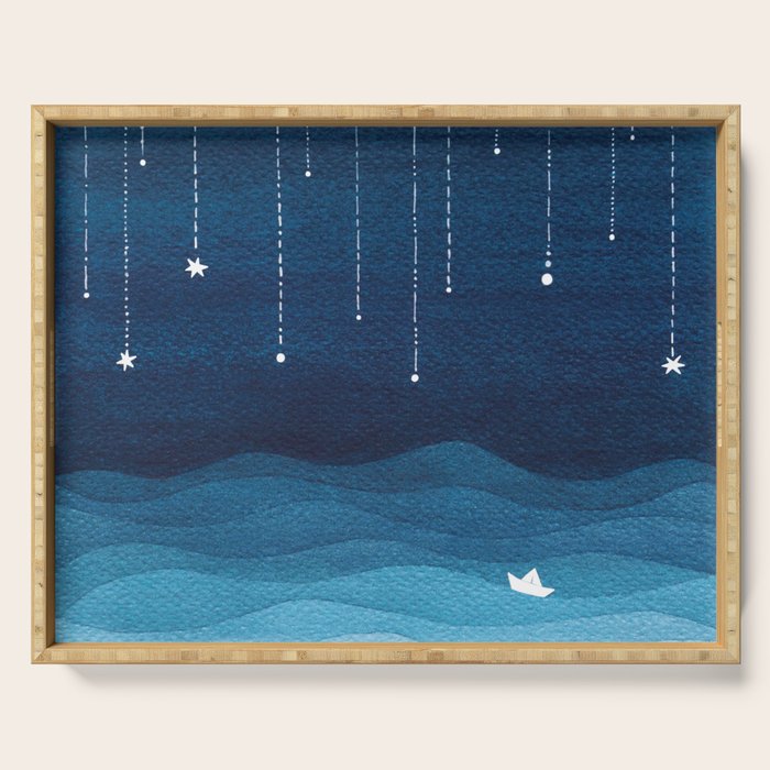 Falling stars, blue, sailboat, ocean Serving Tray Gallery Image 1