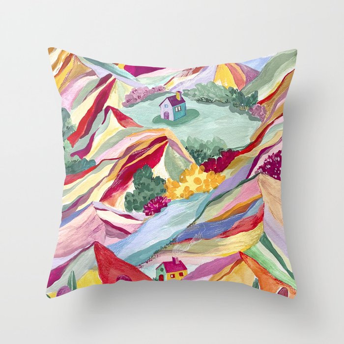 Gouache rainbow landscape Throw Pillow Gallery Image 1