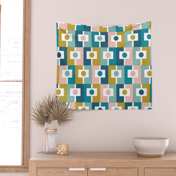 Mid Century Modern Rektangel Geometric Pattern Blue Mustard Blush White Wall Tapestry Gallery Image 2