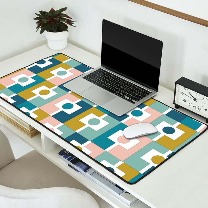 Mid Century Modern Rektangel Geometric Pattern Blue Mustard Blush White Desk Mat Gallery Image 2