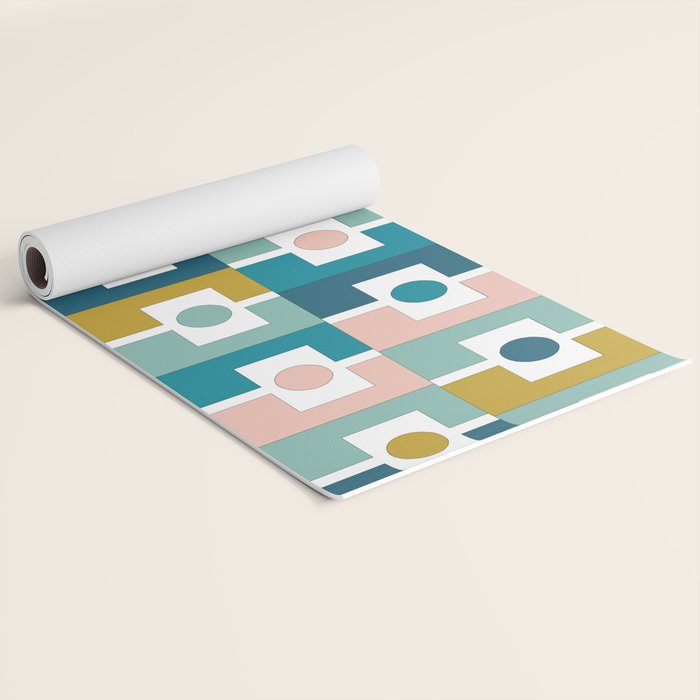 Mid Century Modern Rektangel Geometric Pattern Blue Mustard Blush White Yoga Mat Gallery Image 2
