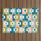 Mid Century Modern Rektangel Geometric Pattern Blue Mustard Blush White Outdoor Rug Gallery Image 1