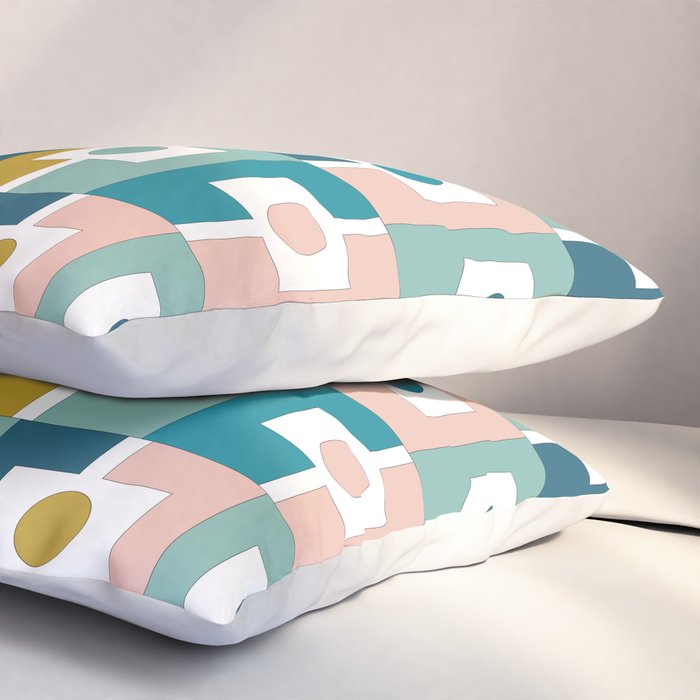 Mid Century Modern Rektangel Geometric Pattern Blue Mustard Blush White Pillow Sham Gallery Image 3