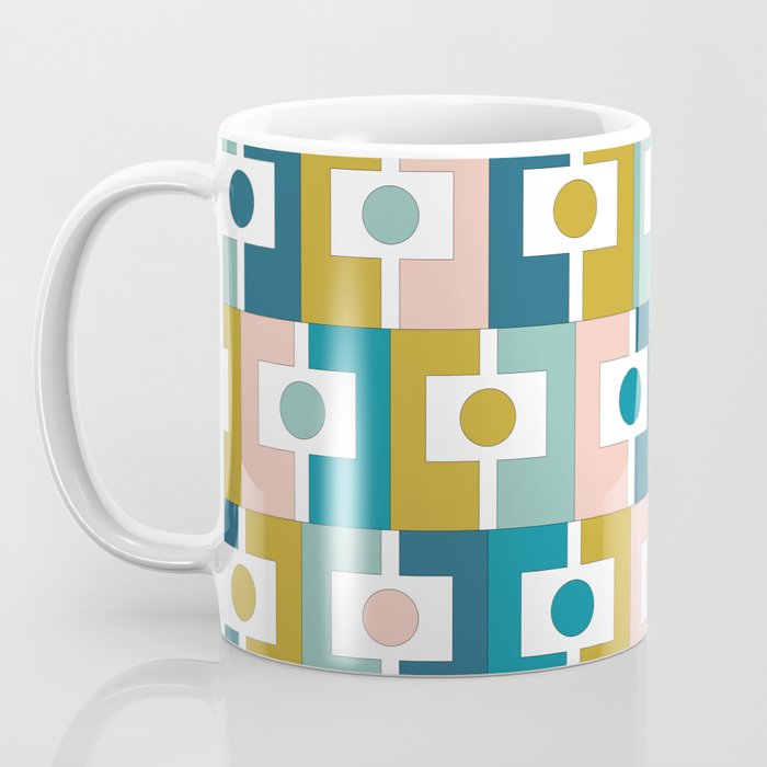 Mid Century Modern Rektangel Geometric Pattern Blue Mustard Blush White Coffee Mug Gallery Image 3