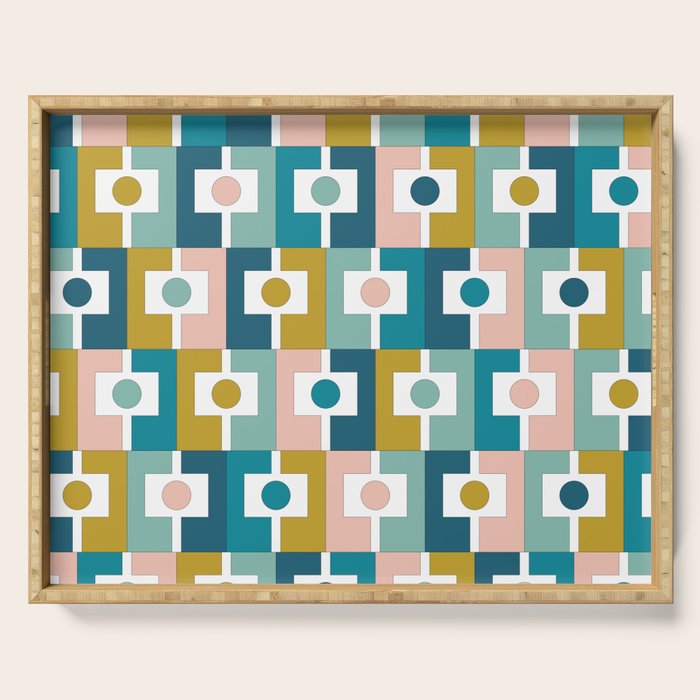 Mid Century Modern Rektangel Geometric Pattern Blue Mustard Blush White Serving Tray Gallery Image 1