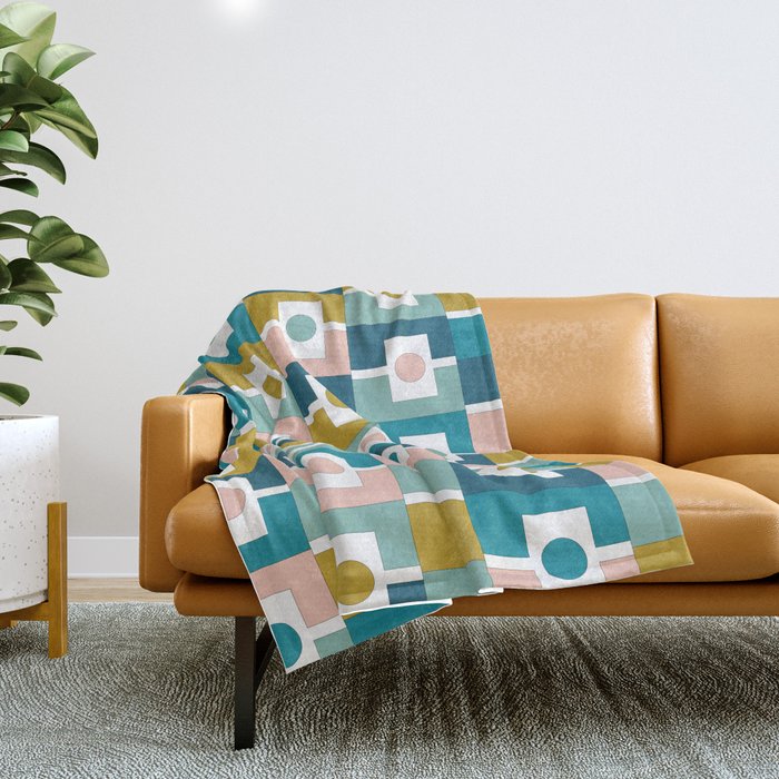 Mid Century Modern Rektangel Geometric Pattern Blue Mustard Blush White Throw Blanket Gallery Image 1