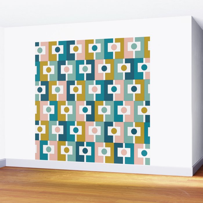 Mid Century Modern Rektangel Geometric Pattern Blue Mustard Blush White Wall Mural Gallery Image 2