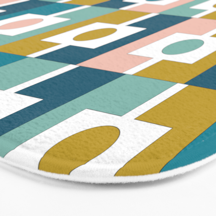 Mid Century Modern Rektangel Geometric Pattern Blue Mustard Blush White Bath Mat Gallery Image 3