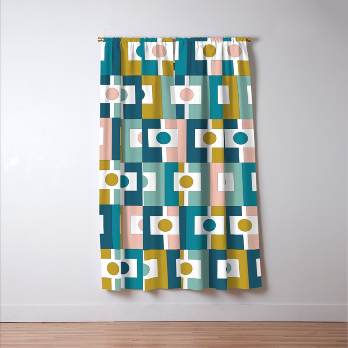 Mid Century Modern Rektangel Geometric Pattern Blue Mustard Blush White Window Curtain Gallery Image 3