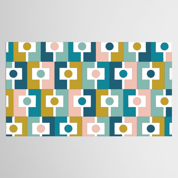 Mid Century Modern Rektangel Geometric Pattern Blue Mustard Blush White Tablecloth Gallery Image 2