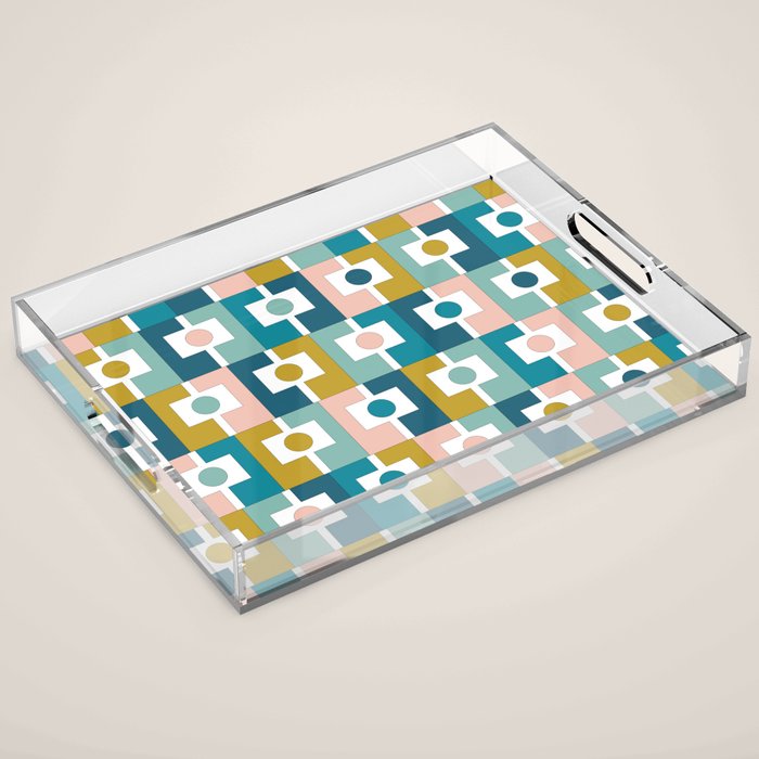 Mid Century Modern Rektangel Geometric Pattern Blue Mustard Blush White Acrylic Tray Gallery Image 1