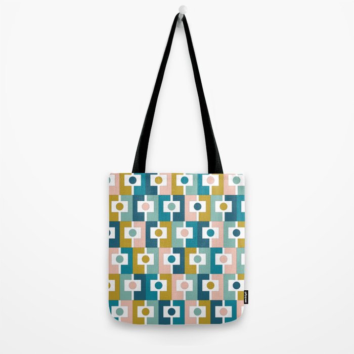 Mid Century Modern Rektangel Geometric Pattern Blue Mustard Blush White Tote Bag Gallery Image 2