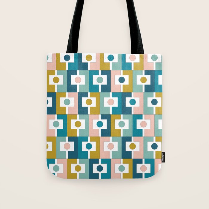Mid Century Modern Rektangel Geometric Pattern Blue Mustard Blush White Tote Bag Gallery Image 1