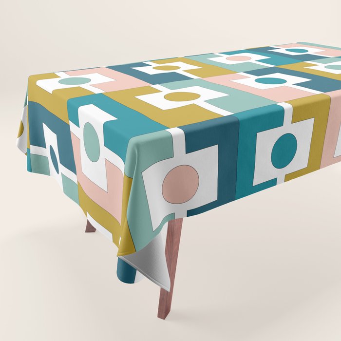 Mid Century Modern Rektangel Geometric Pattern Blue Mustard Blush White Tablecloth Gallery Image 1