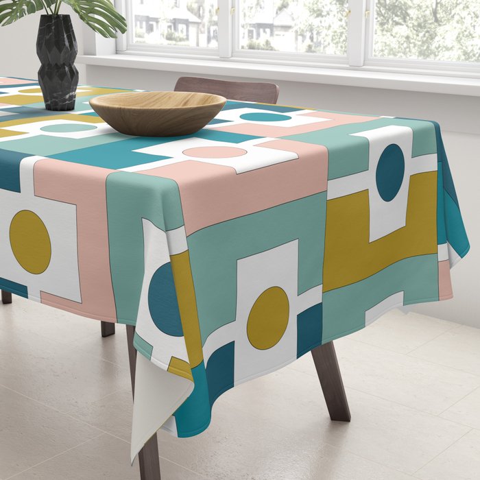 Mid Century Modern Rektangel Geometric Pattern Blue Mustard Blush White Tablecloth Gallery Image 3