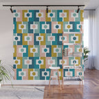 Mid Century Modern Rektangel Geometric Pattern Blue Mustard Blush White Wall Mural Gallery Image 1
