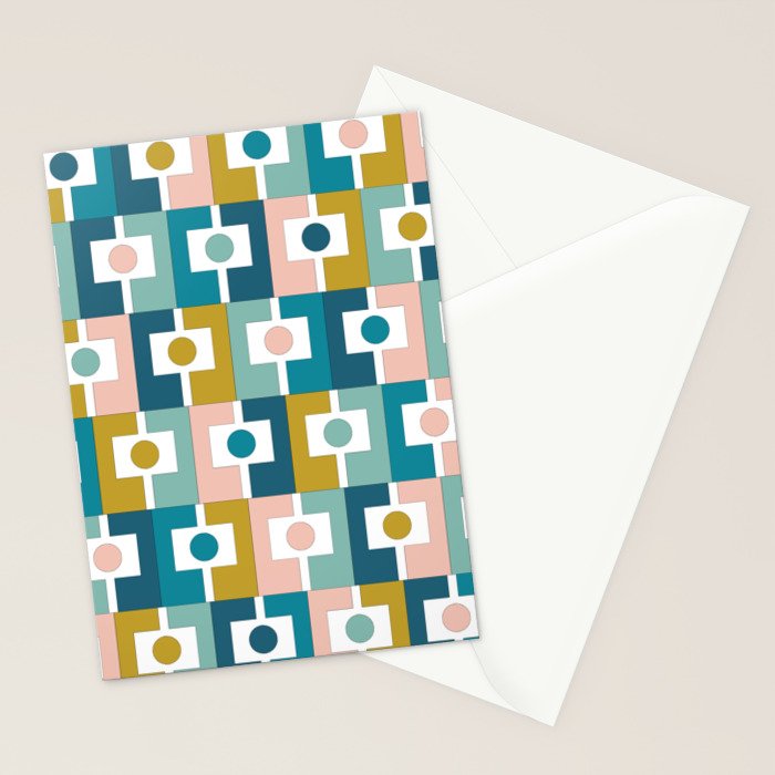 Mid Century Modern Rektangel Geometric Pattern Blue Mustard Blush White Stationery Card Gallery Image 2