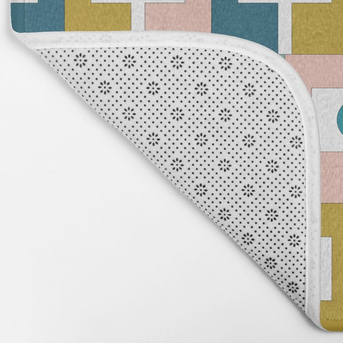 Mid Century Modern Rektangel Geometric Pattern Blue Mustard Blush White Bath Mat Gallery Image 2