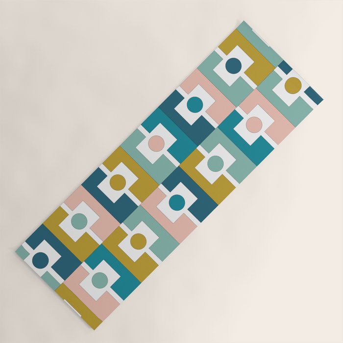 Mid Century Modern Rektangel Geometric Pattern Blue Mustard Blush White Yoga Mat Gallery Image 1