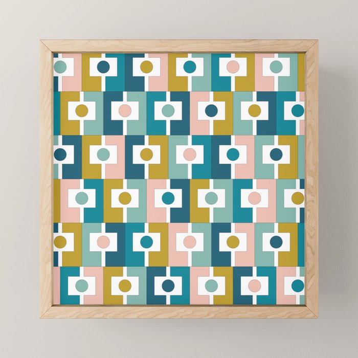 Mid Century Modern Rektangel Geometric Pattern Blue Mustard Blush White Mini Art Print Gallery Image 1