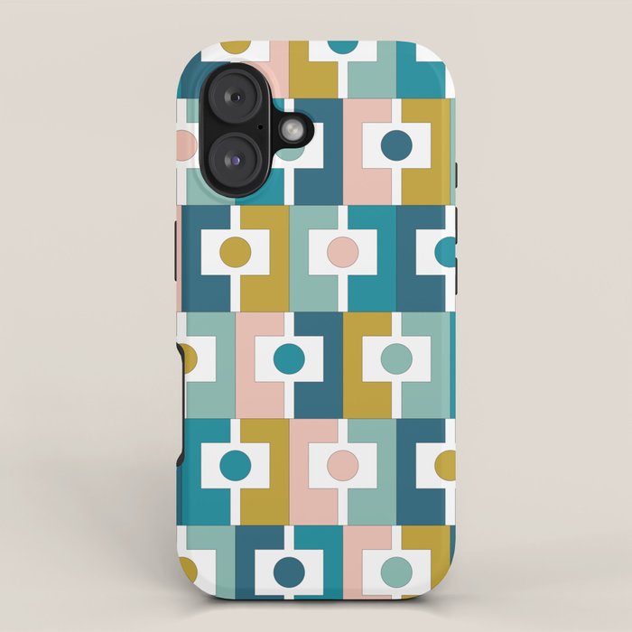 Mid Century Modern Rektangel Geometric Pattern Blue Mustard Blush White iPhone Case Gallery Image 1