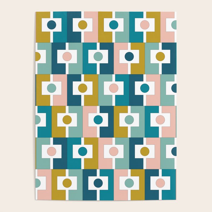 Mid Century Modern Rektangel Geometric Pattern Blue Mustard Blush White Poster Gallery Image 1