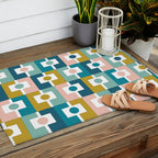 Mid Century Modern Rektangel Geometric Pattern Blue Mustard Blush White Outdoor Rug Gallery Image 2