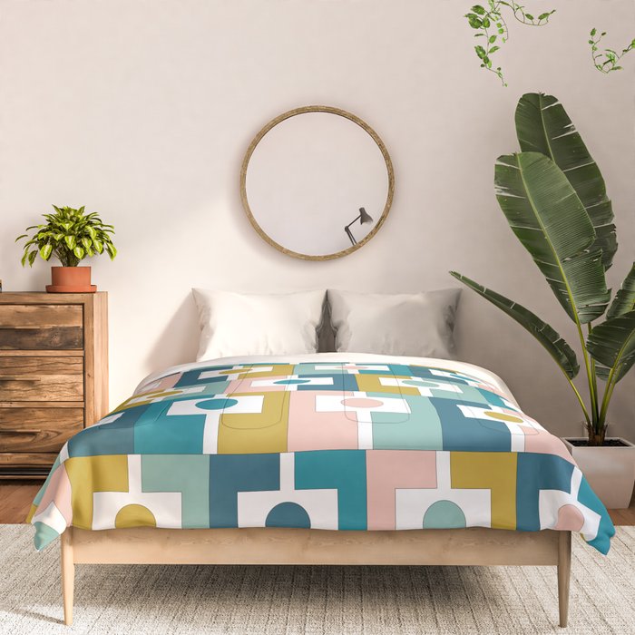 Mid Century Modern Rektangel Geometric Pattern Blue Mustard Blush White Comforter Gallery Image 3