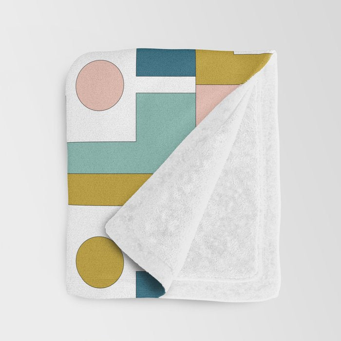 Mid Century Modern Rektangel Geometric Pattern Blue Mustard Blush White Throw Blanket Gallery Image 3