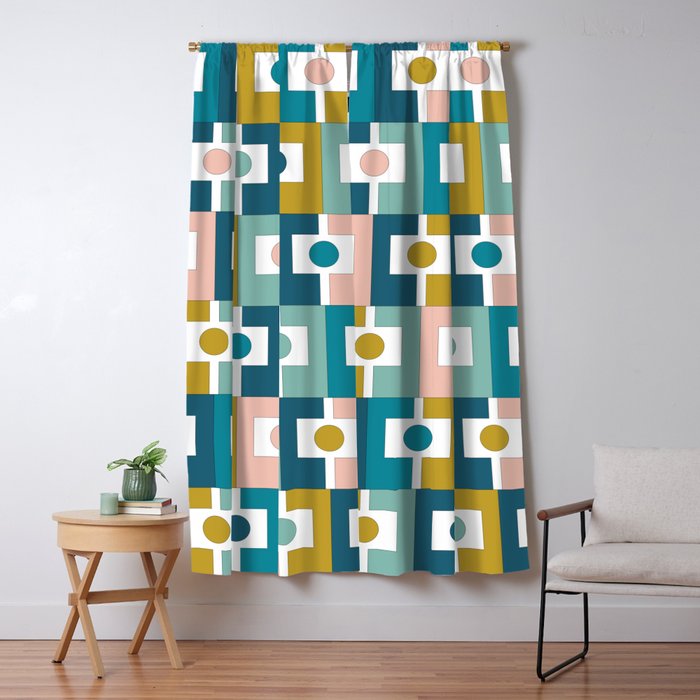 Mid Century Modern Rektangel Geometric Pattern Blue Mustard Blush White Window Curtain Gallery Image 1