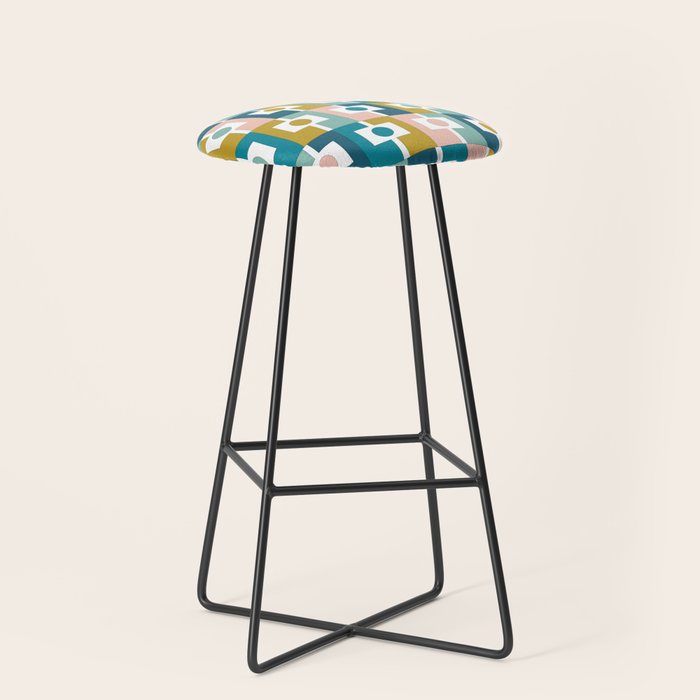 Mid Century Modern Rektangel Geometric Pattern Blue Mustard Blush White Stool Gallery Image 1