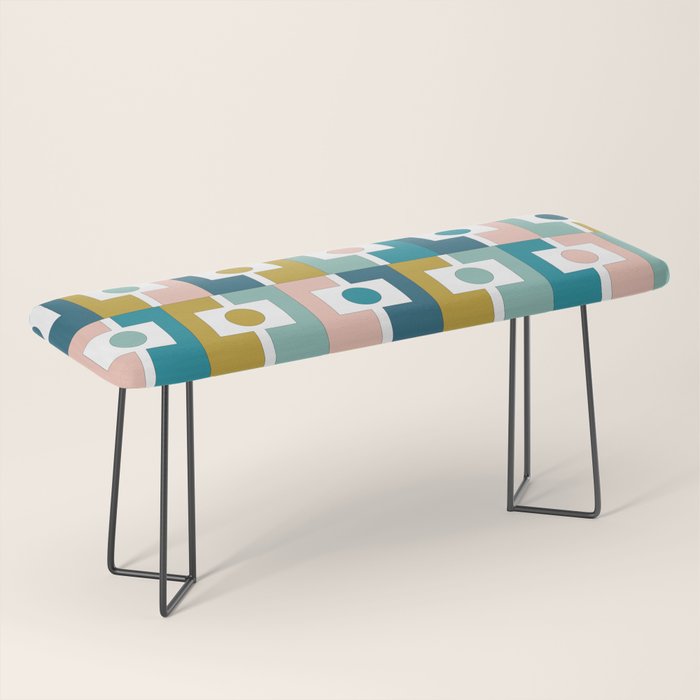 Mid Century Modern Rektangel Geometric Pattern Blue Mustard Blush White Bench Gallery Image 1