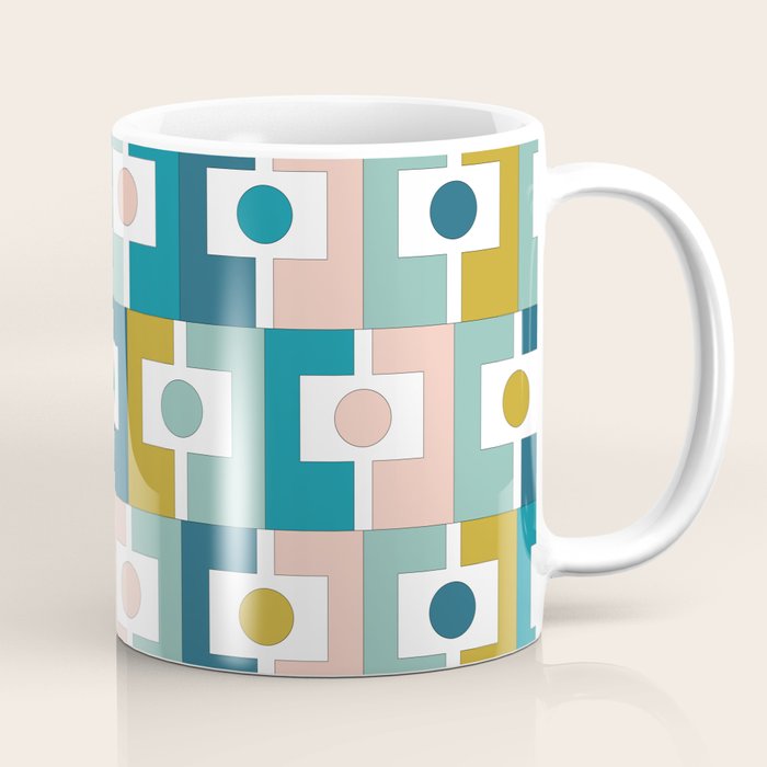 Mid Century Modern Rektangel Geometric Pattern Blue Mustard Blush White Coffee Mug Gallery Image 1