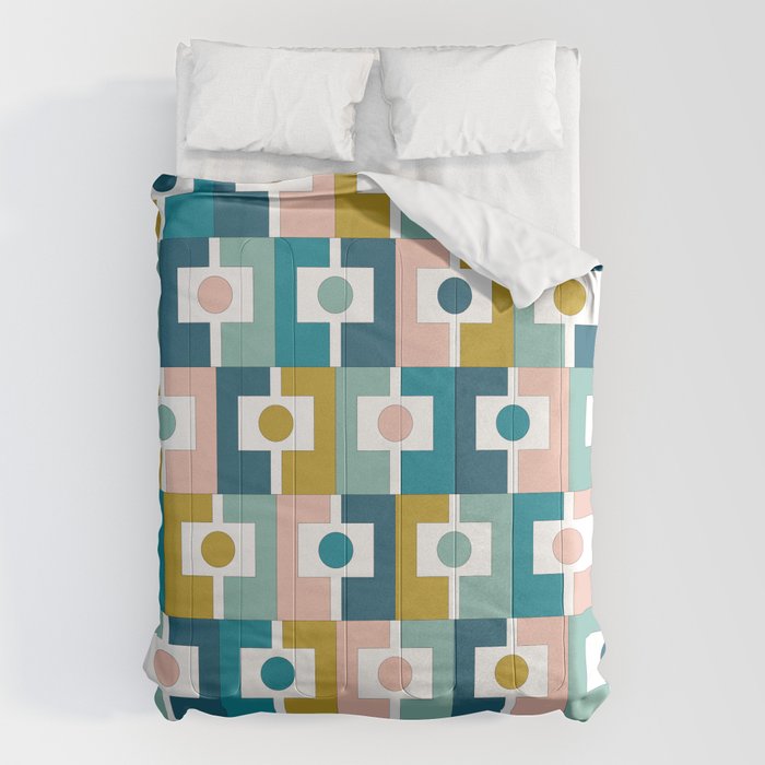 Mid Century Modern Rektangel Geometric Pattern Blue Mustard Blush White Comforter Gallery Image 1