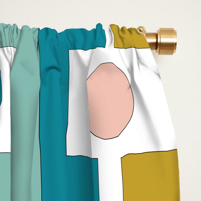 Mid Century Modern Rektangel Geometric Pattern Blue Mustard Blush White Window Curtain Gallery Image 2
