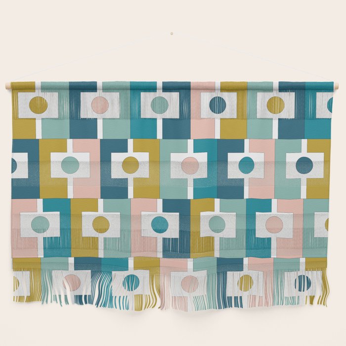 Mid Century Modern Rektangel Geometric Pattern Blue Mustard Blush White Wall Hanging Gallery Image 1