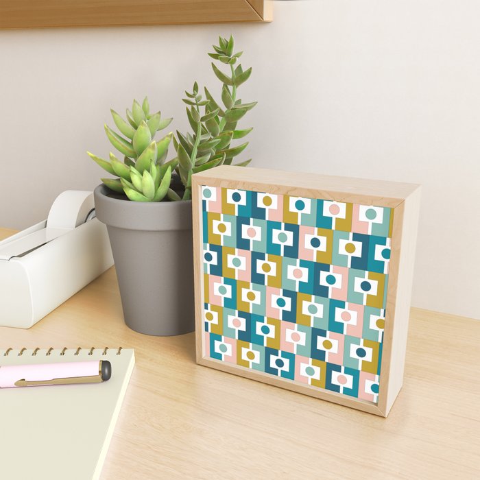 Mid Century Modern Rektangel Geometric Pattern Blue Mustard Blush White Mini Art Print Gallery Image 2