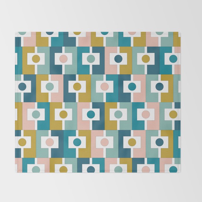 Mid Century Modern Rektangel Geometric Pattern Blue Mustard Blush White Throw Blanket Gallery Image 2