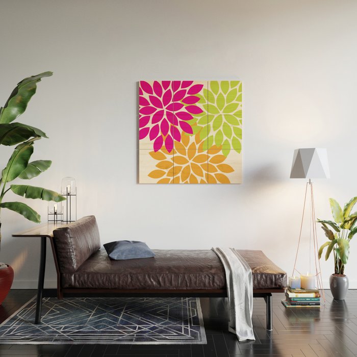 Bold Colorful Hot Pink Lime Orange Dahlia Flower Burst Petals Wood Wall Art Gallery Image 2