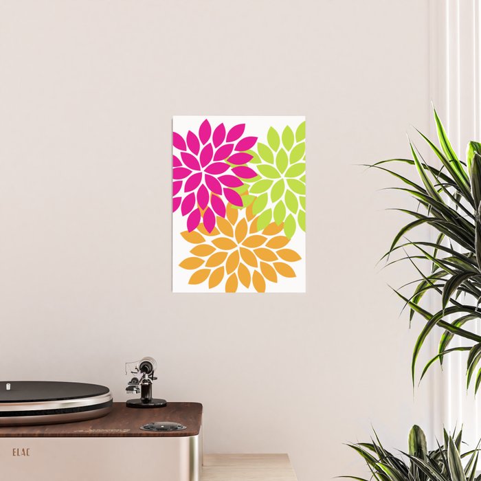 Bold Colorful Hot Pink Lime Orange Dahlia Flower Burst Petals Poster Gallery Image 2