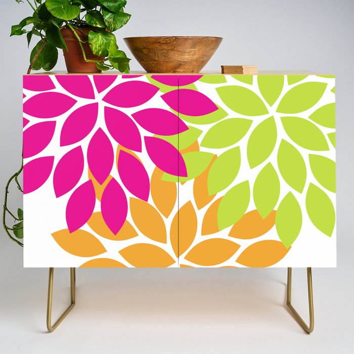 Bold Colorful Hot Pink Lime Orange Dahlia Flower Burst Petals Credenza Gallery Image 1