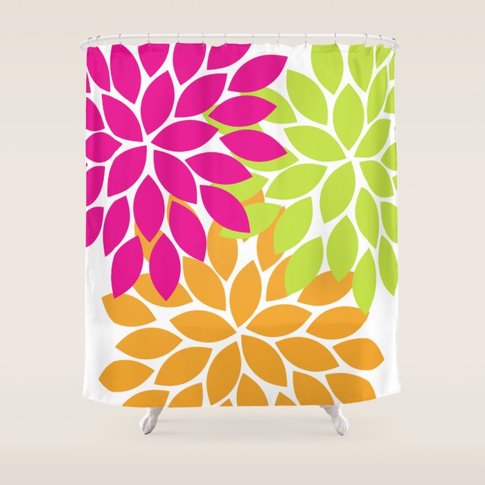 Bold Colorful Hot Pink Lime Orange Dahlia Flower Burst Petals Shower Curtain Gallery Image 1
